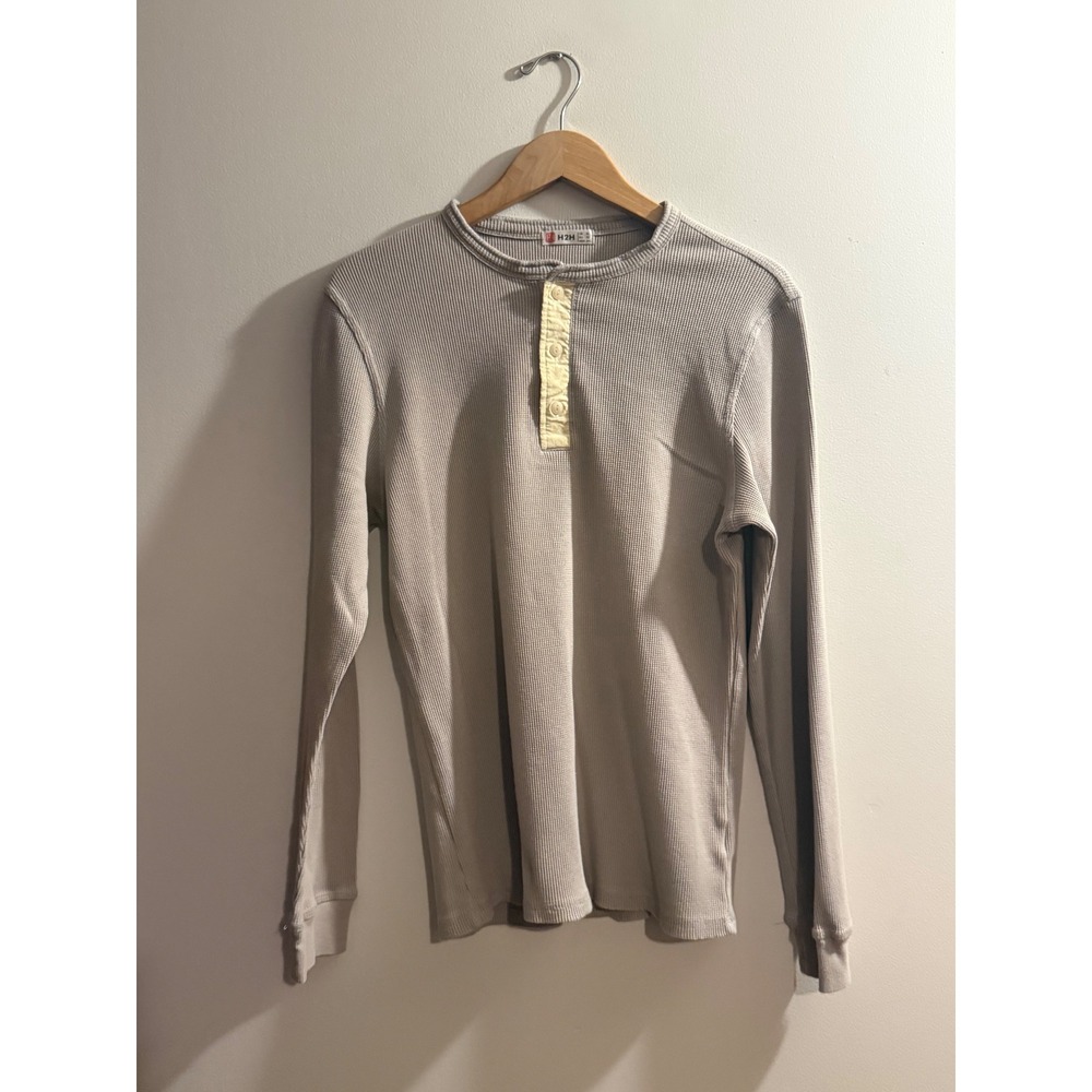 Y2K H2H Mens Long Sleeve Waffle Knit Henley Shirt Light Grey XL fitted cut